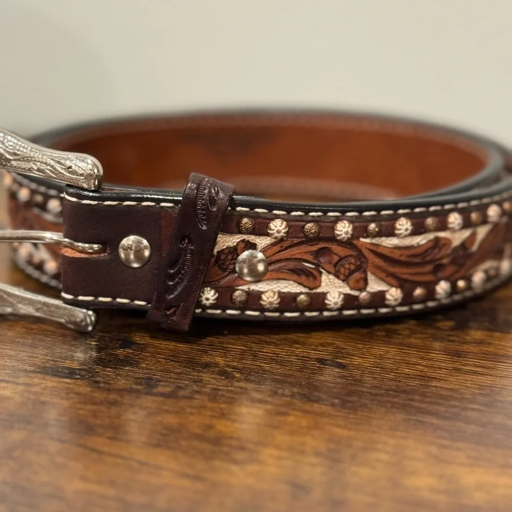Twisted X Western Leather Belt Tooled Floral Studded Brown XL